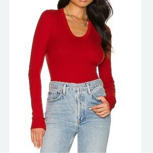 Enza Costa Red Silk Blend U Neck Long Sleeve Pullover Top S